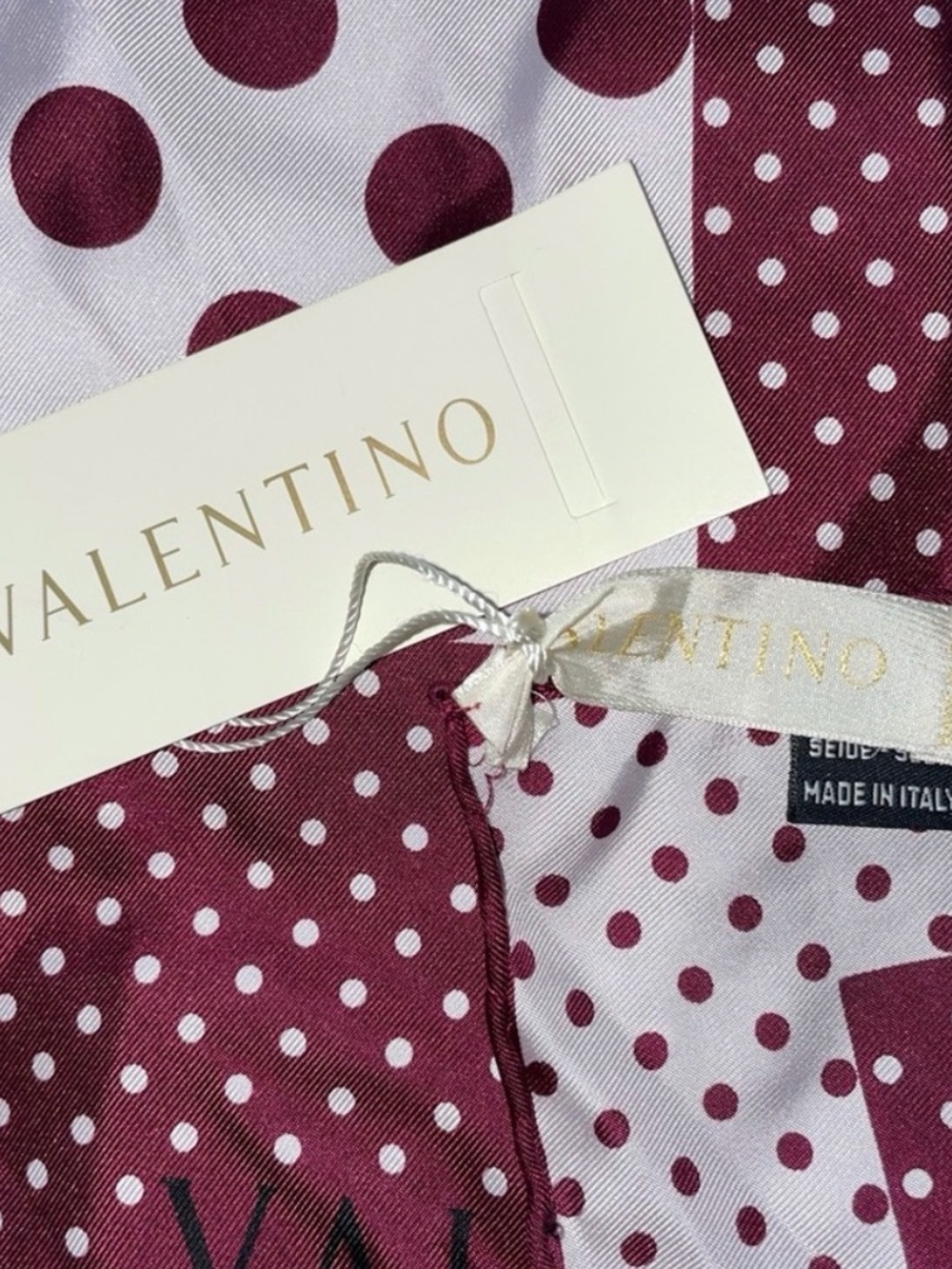 Valentino Burgundy and White Polka Dot Silk Scarf